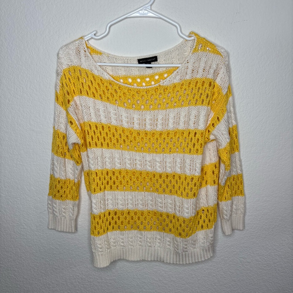 Willi Smith Yellow and Cream Open-Knit Striped Sweater